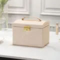 Beige PU Leather Jewelry Box Portable Storage Organizer with Mirror Ring Necklace Display Case - 17.5*13.5*12cm / Nude Pink/Apricot