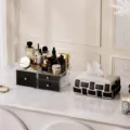 Luxury woven leather tissue box with acrylic makeup organizer, stylish black and white decor. - Tissue Box (Plaid Beige) + Crystal Clear Storage Box (Black)