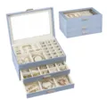 Large 3-layer jewelry box with glass lid, blue PU leather organizer for rings and earrings. - Blue and Purple