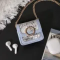 Vintage jacquard mini chain pouch portable earphone storage box chic crossbody bag - 7.5*3*6cm / Jacquard Blue