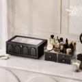 Luxury black leather storage box with elegant arched design and gold handle for home decor. - Arched Double Layer Jewelry Box (Black) + Crystal Clear Storage Box (Black)