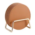 Leather cork coaster set with gold metal holder round heat resistant drink coasters home - Coaster Set / Brown