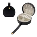 Black round travel jewelry box portable PU leather mini storage case for rings and necklaces. - 10*9*4.5CM / Black