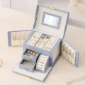 Multi-layer leather jewelry box with mirror, large capacity storage for rings and necklaces. - Blue
