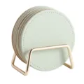 Round leather drink coasters with cork backing and gold metal holder for home table decor - Coaster Set / Green