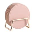 Pink leather cork coasters set with gold metal holder, round drink coasters for table home. - Coaster Set / Pink