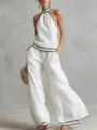 Conjunto de top halter blanco y pantalón ancho, elegante estilo de resort estival detalle. - XS / Top y Pantalones / Blanco