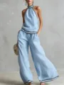 Conjunto de verano casual top halter sin mangas y pantalón ancho con detalles de rayas - XS / Top y Pantalones / Azul