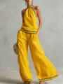Mujer verano top sin mangas halter pantalón pierna ancha conjunto amarillo a rayas - XS / Top y Pantalones / Amarillo