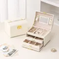 Portable 3-layer PU leather jewelry box large capacity storage for rings earrings necklace - 17.5*14*13cm / White