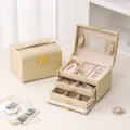 PU leather jewelry box with 3 drawers, portable multi-layer storage organizer for rings, earrings. - 17.5*14*13cm / Off White