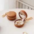 Mini round brown travel jewelry box with keychain, portable zipper storage case for earrings rings - Classic Style - Brown / 5.5*3.5*10.5cm