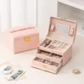Pink PU leather 3-layer jewelry box with drawers, mirror, and ring organizer storage. - 17.5*14*13cm / Orange Pink