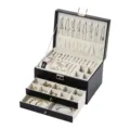 Black leather multi-layer jewelry box with beige velvet interior for rings and necklaces. - 23*17*13.5cm / Black
