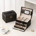 Black PU leather 3-layer jewelry box with drawers, mirror, large capacity for rings and earrings. - 17.5*14*13cm / Black