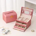 Pink PU leather jewelry box with multi drawers, mirror and ring slots for safe storage. - 17.5*14*13cm / Red