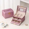 Portable 3-layer PU leather jewelry box organizer with drawers, mirror for rings and earrings. - 17.5*14*13cm / Purple