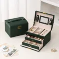 Dark green PU leather jewelry box, 3-tier drawer organizer for rings, earrings and necklaces. - 17.5*14*13cm / Green