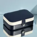 Compact travel jewelry box in dark blue and white, portable leather-like ear studs organizer. - Blue & White