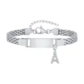 Roestvrijstalen kinderarmband met sprankelende letter A hanger en graveerbare plaat. - Letter A / Lengte 12-15cm / Staalkleur