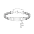 Bracelet gourmette enfant en acier inoxydable avec plaque à graver et charm lettre F étincelant. - Lettre F / Longueur 16-21cm / Acier