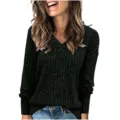 Pull en tricot côtelé à col en V et manches longues pour femme, haut casual chic. - S / Hauts / Noir