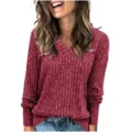 Femme pull en tricot côtelé à manches longues et col V haut décontracté confortable - S / Hauts / Rouge carmin