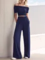 Women fashion navy blue off shoulder crop top wide leg pants set casual two piece - Blue