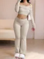 Conjunto de dos piezas crop top de manga larga con hombros descubiertos y pantalón. - S / Top y Pantalones / Albaricoque