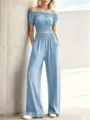 Conjunto de dos piezas top corto de hombros descubiertos y pantalón ancho, look azul claro. - XS / Top y Pantalones / Azul claro