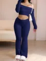 Damen schulterfreies langarm Crop Top und Schlaghose schmale zweiteilige Set dunkelblau - Dunkelblau