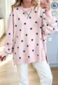 Pink polka dot sweatshirt for women, casual loose long sleeve crewneck pullover with side slits. - S / Pink