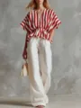 Conjunto de top a rayas rojas y blancas con cuello V y pantalón ancho blanco resort - S / Top y Pantalones / Rojo