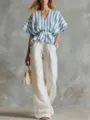 Elegante conjunto de verano con blusa de rayas azul y blanca y pantalon ancho de lino. - S / Top y Pantalones / Azul cielo
