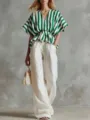 Top de lino a rayas verde y blanco con cuello en V y pantalón ancho blanco detalle. - S / Top y Pantalones / Verde