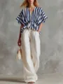 Summer women two piece set blue white striped top wide leg linen pants casual outfit chic - Dark Blue