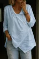 Casual light blue linen blend asymmetric button down long sleeve shirt for daily wear - Sky Blue