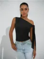 Top elegante negro sin mangas de un solo hombro con detalle de lazo para verano. - XS / Negro
