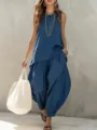 Vista detallada del conjunto casual de lino y algodón con top sin mangas y pantalón. - S / Top y Pantalones / Azul