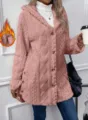 Women Casual Solid Color Hooded Fleece Cardigan Long Sleeve Winter Warm Coat Top - Lotus root pink