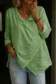 Green linen long sleeve asymmetric button-up shirt casual blouse for women daily wear top - Green