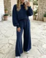 Casual polka dot cropped sweatshirt and wide leg pants set, comfy autumn two piece outfit. - S / Top And Bottom / Navy Blue