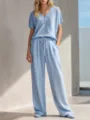 Detalle de conjunto de loungewear de punto waffle con top de manga corta y pantalón ancho. - XS / Azul cielo