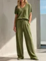 Olive green waffle knit lounge set, V-neck short sleeve top and wide-leg pants detail. - Army Green