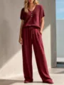 Conjunto de punto waffle mujer manga corta cuello V pantalón ancho cordón casual - XS / Burdeos