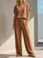 Waffle knit short sleeve top and wide leg pants set detail, comfortable casual wear. - Tan