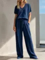 Conjunto de descanso azul marino de punto gofrado con top de cuello V y pantalón. - XS / Azul marino