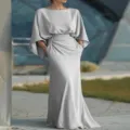 Elegante vestido largo liso con cuello barco, cintura alta fruncida y falda sirena para fiestas. - S / Plateado