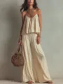 Conjunto de dos piezas con top bohemio y pantalones anchos de mujer casual detalle - S / Caqui