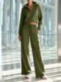 Detail view of the olive green half-zip cropped sweatshirt and wide-leg cargo pants set. - XS / Top And Bottom / Army Green